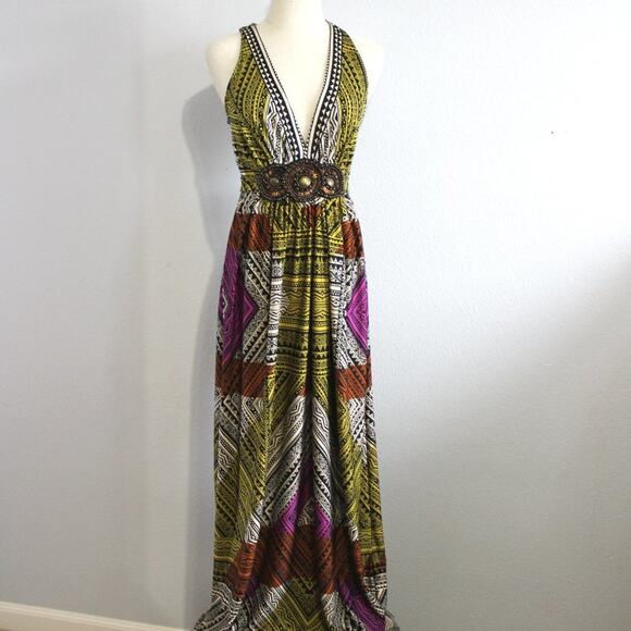 ECI GEOMETRIC DESIGN MAXI DRESS V NECK BEADED SIZE 8 YELLOW PINK ORANGE & BLACK - Picture 3 of 11